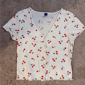Cherry Print White Button Top